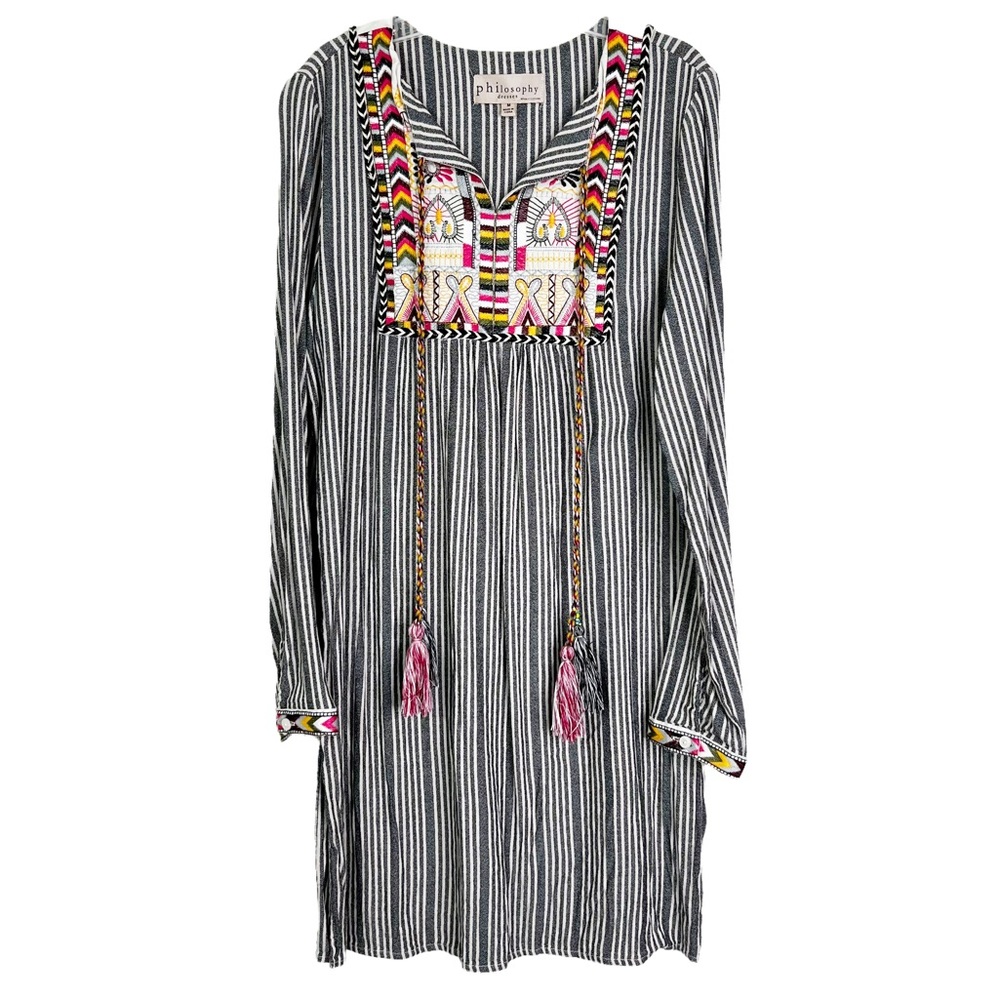 Philosophy Embroidered Tasseled Striped Tunic Bohemian Shirt Dress Women’s Sz M